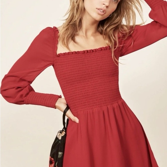 Reformation Dresses & Skirts - Reformation Kelli Red Smocked Bodice Long-Sleeve Mini Dress